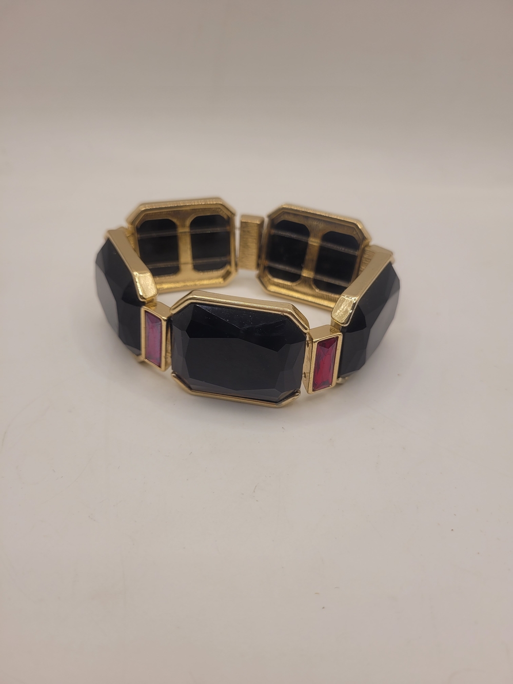 Gold-Tone Black & Pink Stone Stretch Bracelet